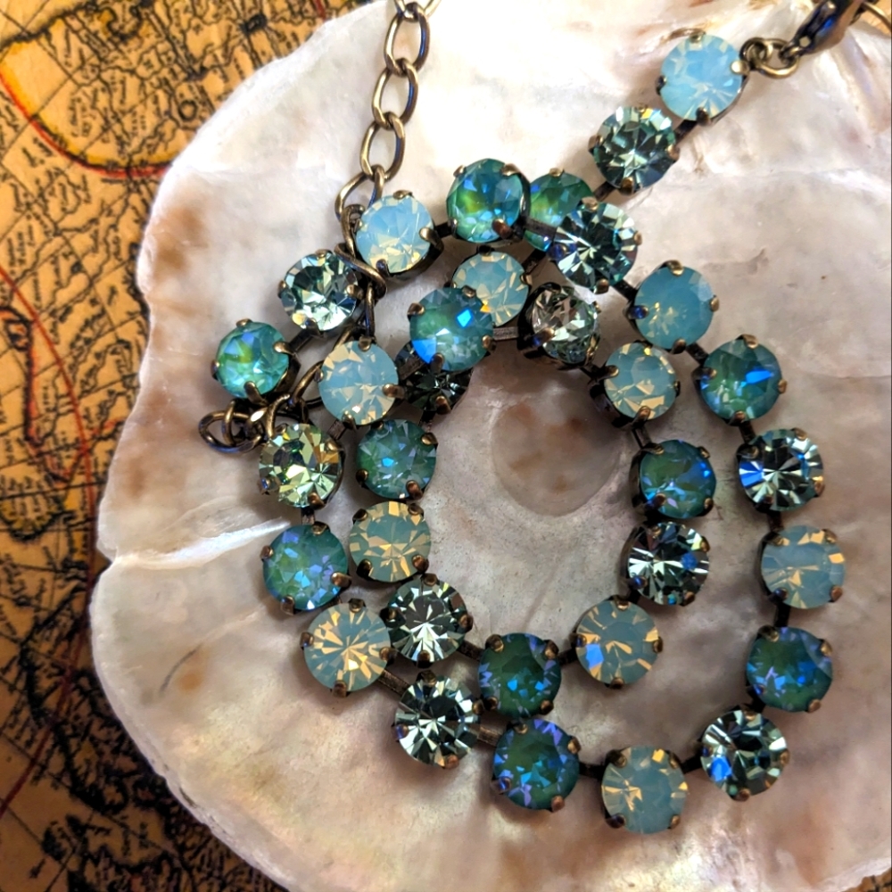 Green Mint Pacific Opal in Classic Tennis Necklace and Earrings in Brass